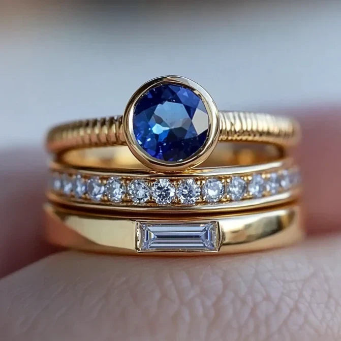 Vintage Gold Blau Zirkonia Ring Set