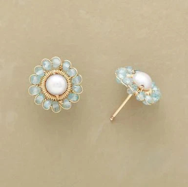 Vintage Blau Kristall Blume Perle Ohrringe